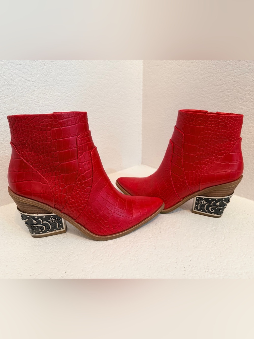 Gianni Bini Red Croc-Embossed Ankle Booties with Decorative Block Heel